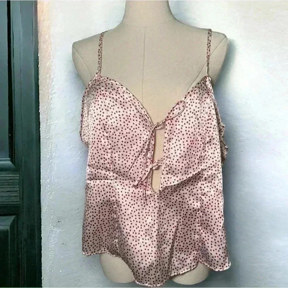 Vintage coquette polka dot satin slip tank  top XL